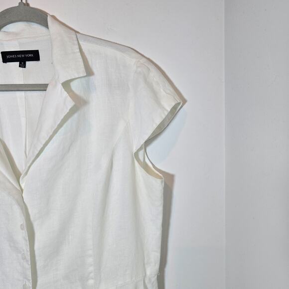Jones New York Linen Midi Dress Sz 16 Cap Sleeve White Embroidered Button Lined - Picture 4 of 10